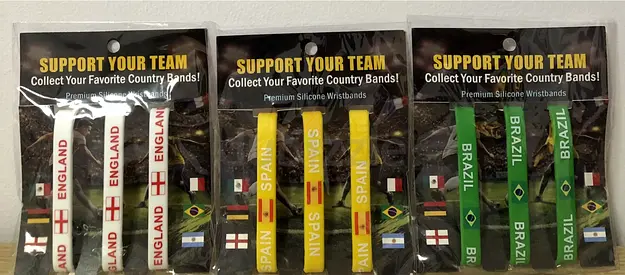 Set of Country Flag Silicone Wristbands---England, Spain, Brazil, with free face paint for Brazil.