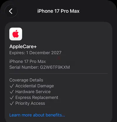 iPhone 17 Pro Max 256Gb TDRA 99% Battery Apple Care Plus Warranty