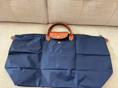 Longchamp Le Pliage Navy Foldable Tote Travel Bag with Brown Leather Handles - Good Condition