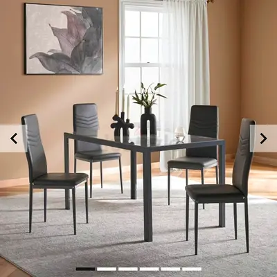 Modern Glass Top Dining Table with 4 Chairs - Grey/Black