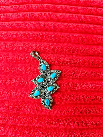 Vintage silver-style turquoise marquise pendant with marcasite accents