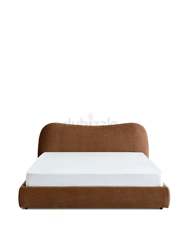 Brown upholstered double bed frame with curved headboard