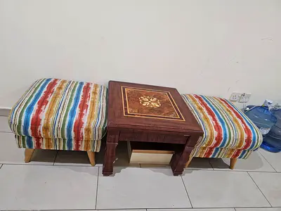 Wooden  Table with Two Upholstered Stools - Good Condition