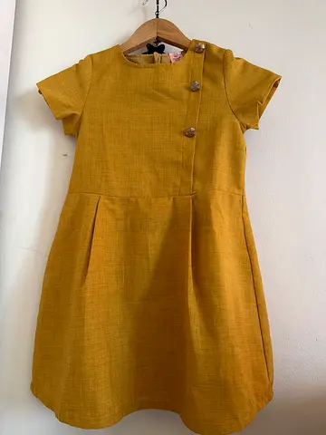 Mustard yellow short-sleeve A-line dress, size not specified