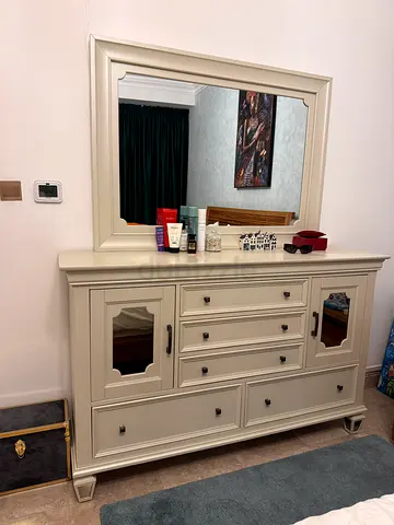 Cream wooden dresser with large matching mirror - great condition