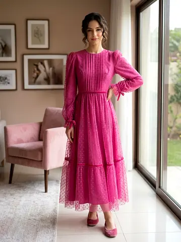 Pink Swiss Dot Long Sleeve Midi Dress - فستان محجبات مبطن بأكمام طويلة لون فوشي مناسب للحفلات المساء