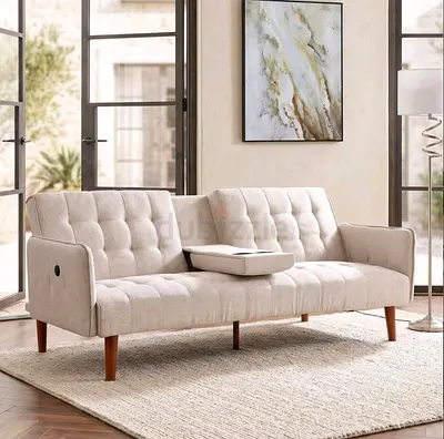 Home Box Beige Convertible Sofa Bed with Cupholder Arm & Wooden Legs Brand new