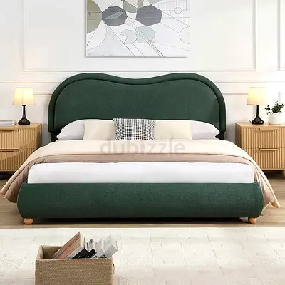 Upholstered Green Fabric Double Bed with Curved Headboard
