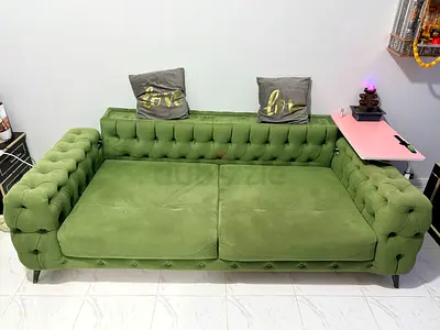 Green Velvet Sofa Cum Bed - 3 Seater, Good Condition