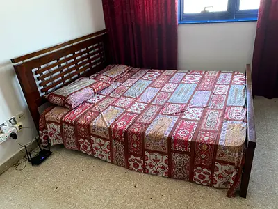 Solid Wood Double Bed Frame with Slatted Headboard - Good Condition