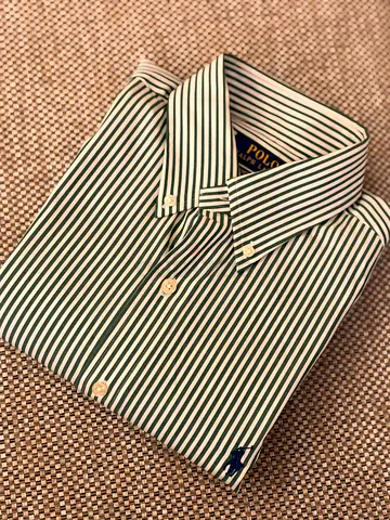 Olive green and white striped Polo Ralph Lauren button-down shirt size S stretchable