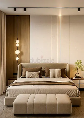 Modern upholstered bed with headboard - beige