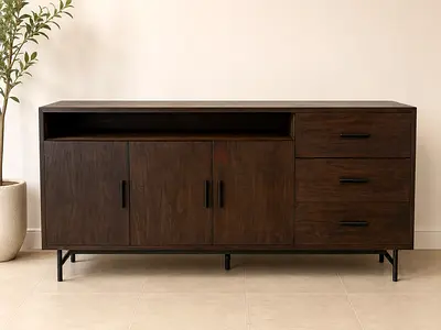 Cumulus Wooden Sideboard - 3 Drawers, 2 Cabinets, Open Shelf (Brown)