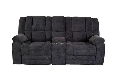 Dark grey 3-seater reclining sofa with center console and cup holders