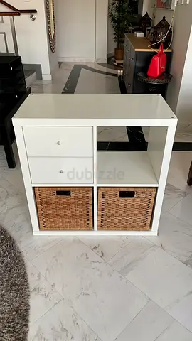 IKEA White KALLAX Storage Unit with baskets and drawer