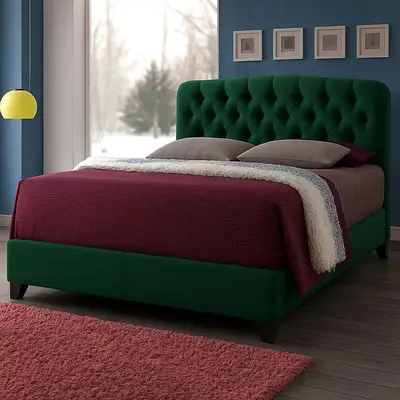 Button tufted soft edges headboard green velvet double bed