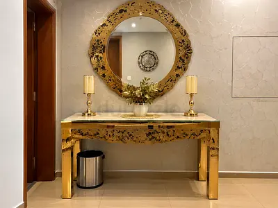 Gold Leaf Console Table with Matching Decorative Mirror