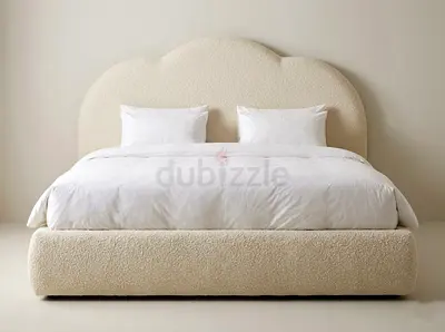 Beige Upholstered Queen Bed with Headboard