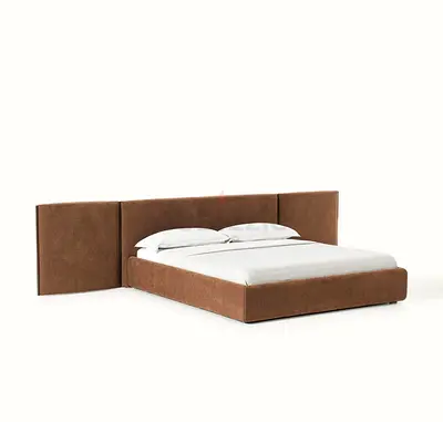 Brown Upholstered Double Bed with Extended Headboard