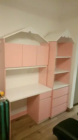Pink kids study desk with shelves and drawers (house-shaped)