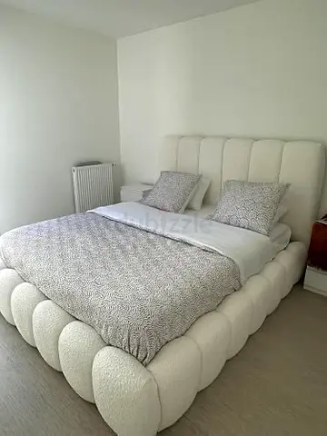 White Upholstered Double Bed with Padded Headboard