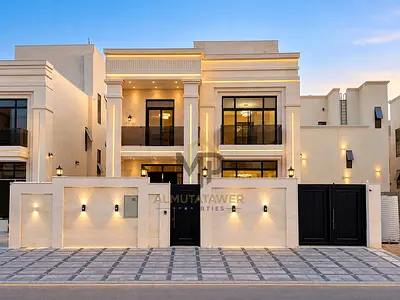 Luxury villa for sale in Al Helio 2 – Ajman, 5 master bedrooms, ground floor + first floor + roof, including electricity, water, registration and owne