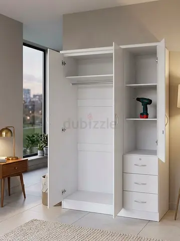 White 3-Door Wardrobe with Shelves and Drawers -