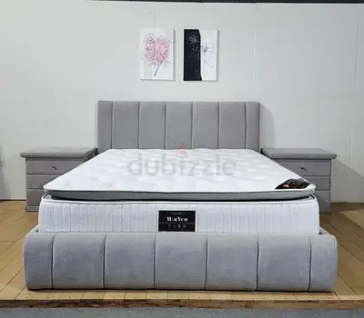 Grey upholstered double bed frame with spring Toppellow mattress and 2 bedside tables