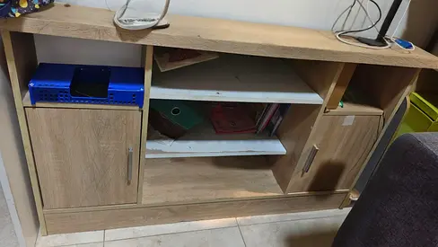 Wooden TV Entertainment Unit with Open Shelves and Cupboard