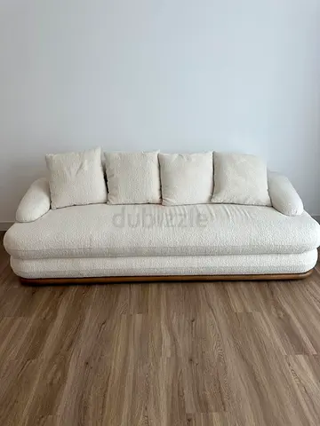 Cream Bouclé 3-Seater Sofa with Wooden Base