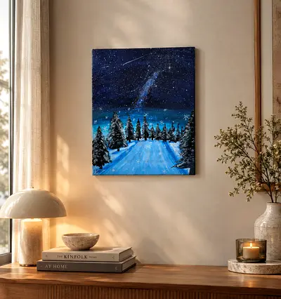 Hand-painted Winter Night Sky Canvas Painting — Forest & Shooting Star