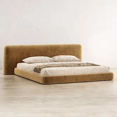 Low Profile Upholstered Platform Bed with Padded Headboard - Beige
