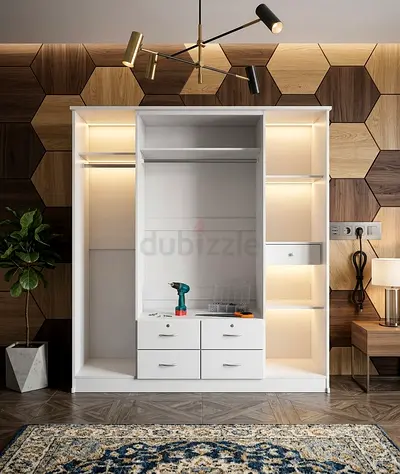 White 4-door Wardrobe with Shelves, Drawers and - Like New