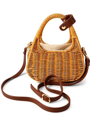 Woven Rattan Crossbody Bag with Leather Trim