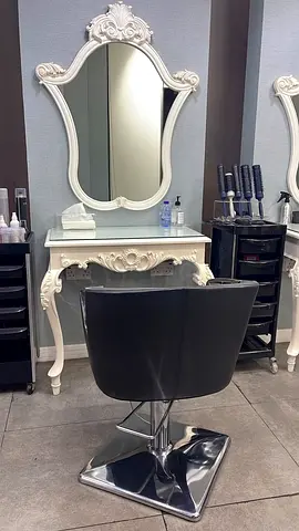 Ornate White Dressing Table with Mirror and Salon Chair with trolleys for sale