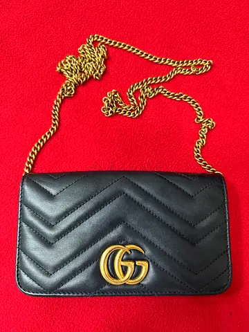 Gucci Black Matelassé Leather GG Marmont Wallet On Chain