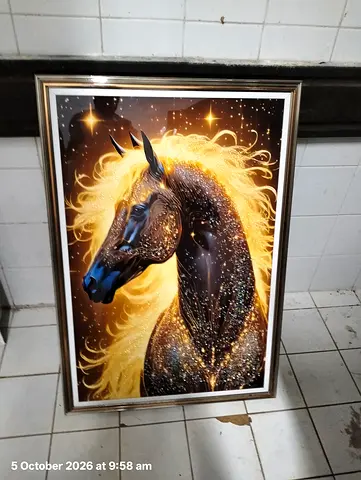 Framed Sparkling Black Horse Print with Golden Mane