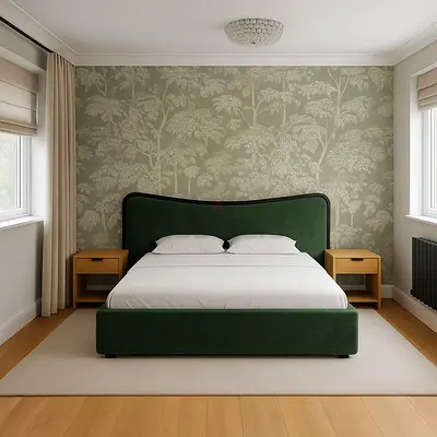 Green upholstered double bed with headboard - Only Bed