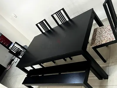 Extendable Solid Black Wooden Dining Table with 4 Chairs and Bench - Good Condition