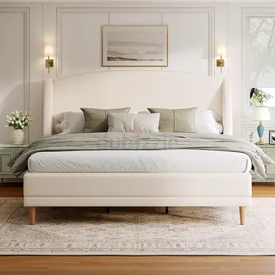 Cream Upholstered King Bed with Curved Headboard - Excellent