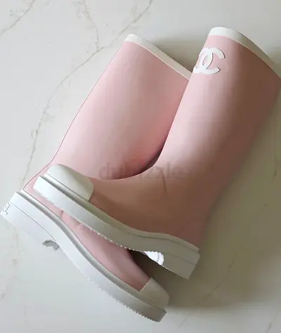Light Pink Women's Knee-High Rain Boots with White Trim