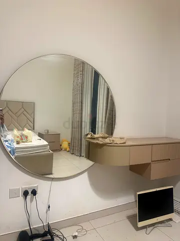 Large Round Wall Mirror with Beige Console/Dresser (Used)