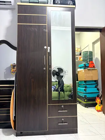 Dark Wood Wardrobe with Mirror and Drawers - Good Condition