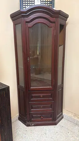 Wooden Corner Display Cabinet with Glass Door and Drawers