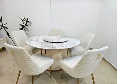 Round Marble-Top Dining Table with 6 Velvet Chairs - White & Gold