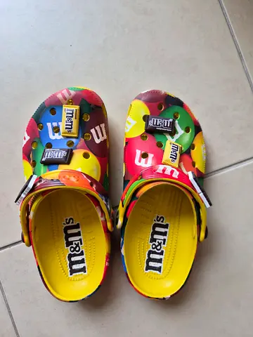 M&M themed colorful slip-on clogs, kids size M5 W7 (EU37)