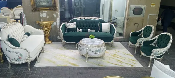 Antique-Style Green & White Living Room Sofa Set (3-seater + 2 chairs + ottoman)