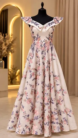 Elegant Floral Maxi Evening Gown with Off-Shoulder Collar - size 36-38