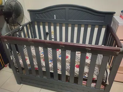 Wooden Baby Crib - Grey, Good Used Condition
