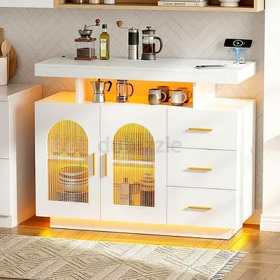 Buffet Sideboard Cabinet LED 3 Drawers 3-in-1 Charging Station White 100CM Length, Warm White Light